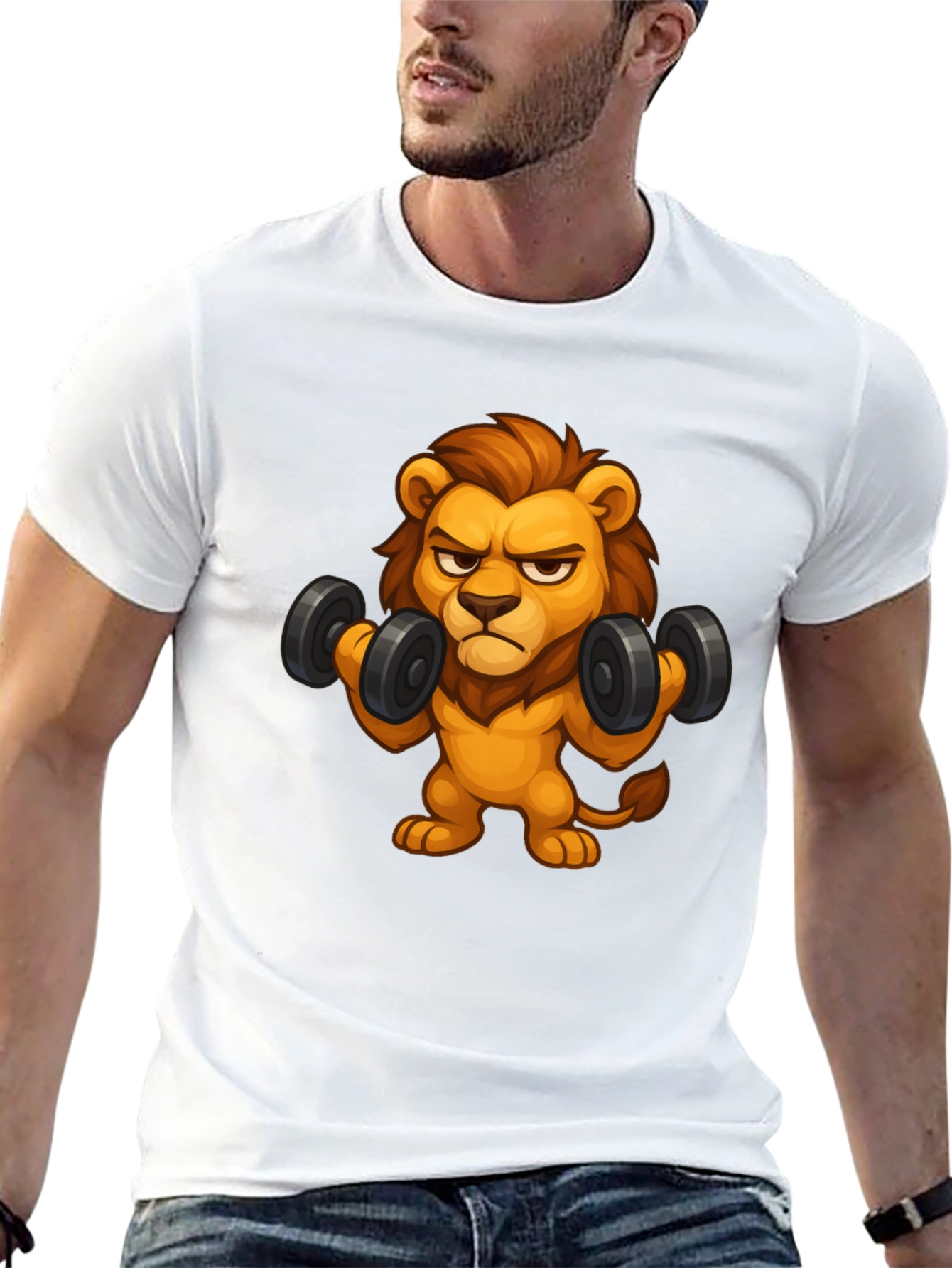 Cartoon Lion Lifting Weights Black T-Shirt
