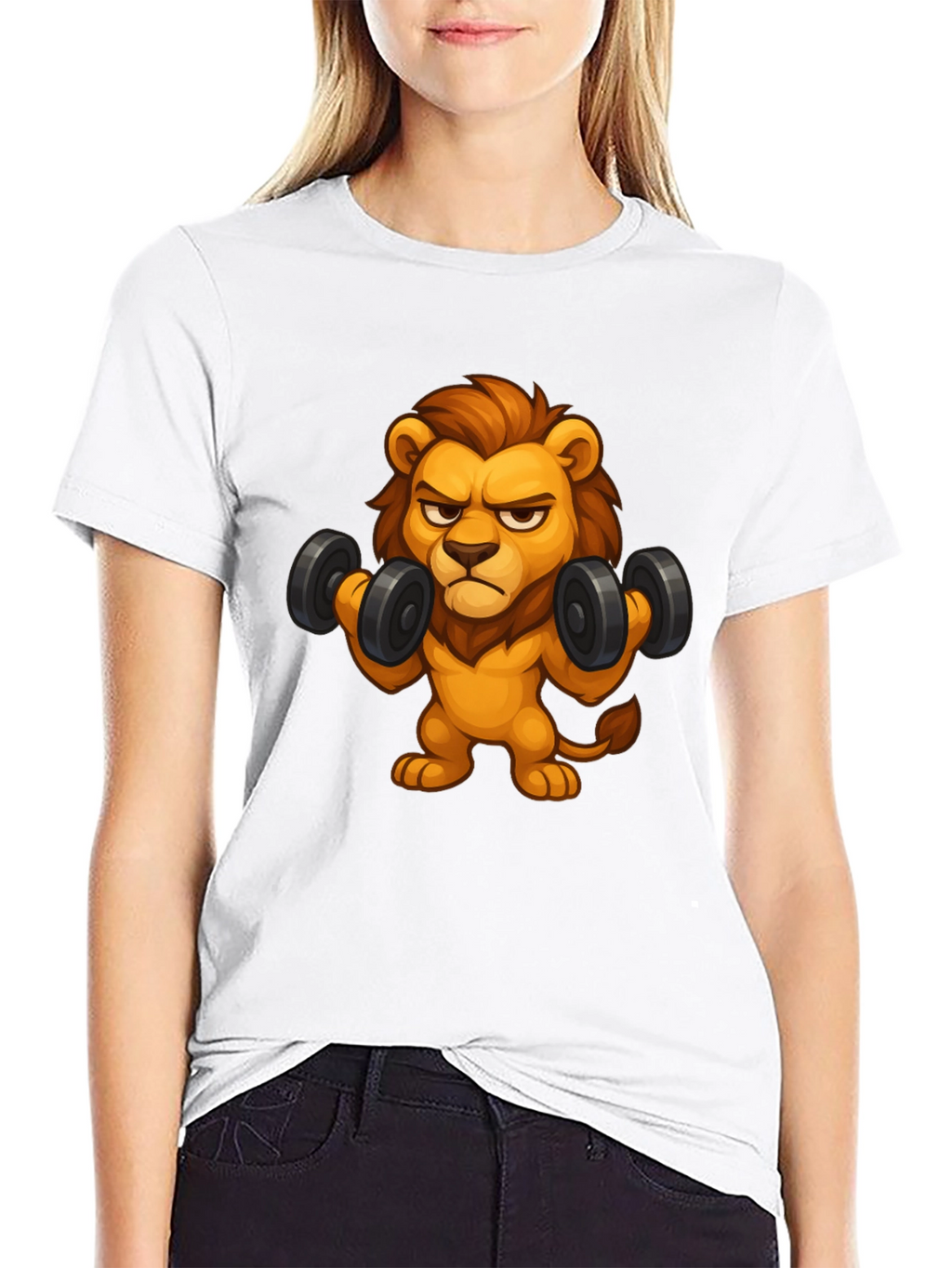 Cartoon Lion Lifting Weights Black T-Shirt