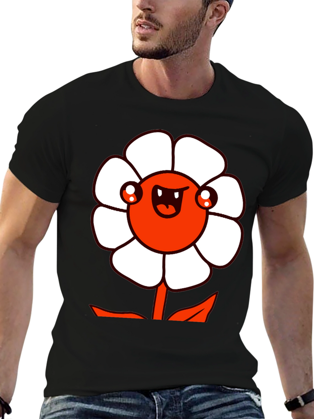 Mens Black Graphic Tee - Cartoon Flower Design