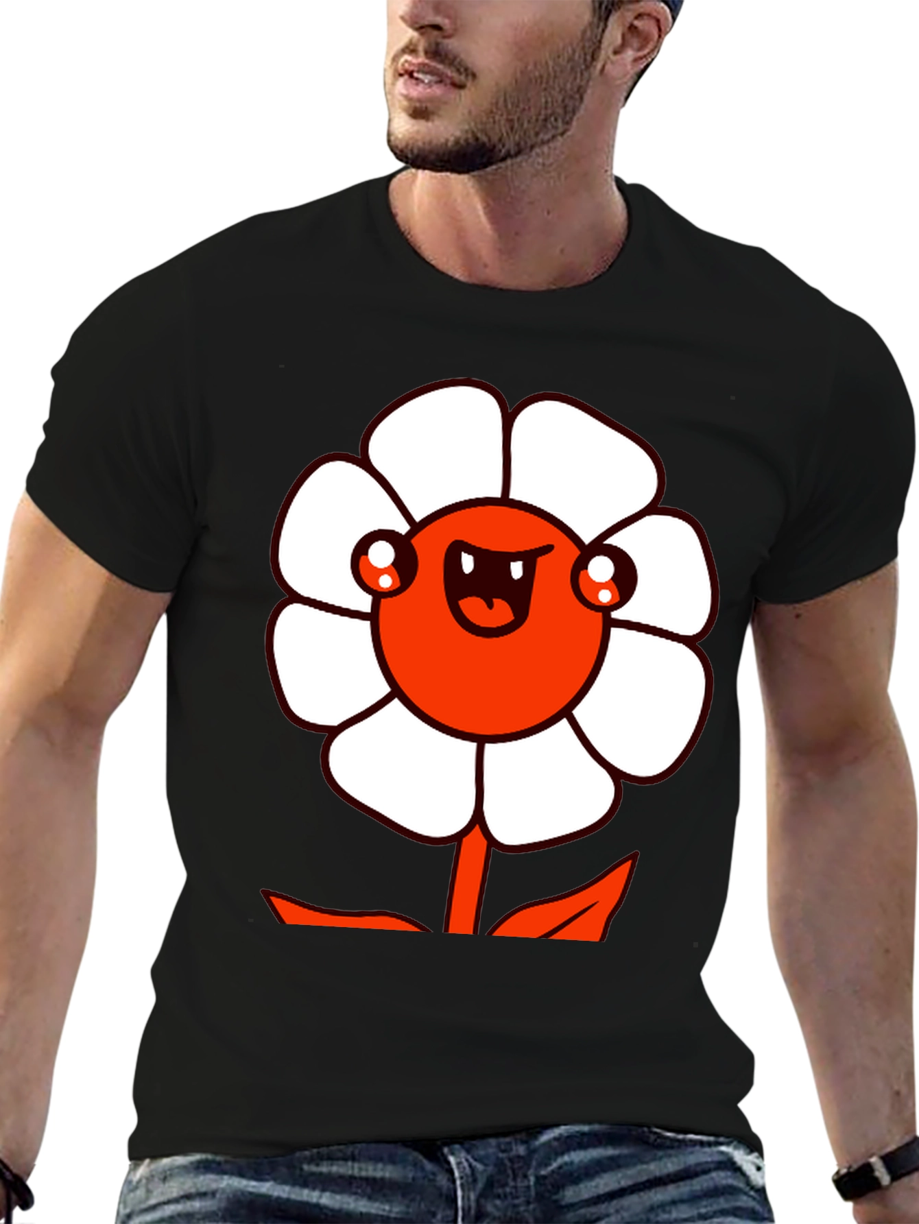 Mens Black Graphic Tee - Cartoon Flower Design