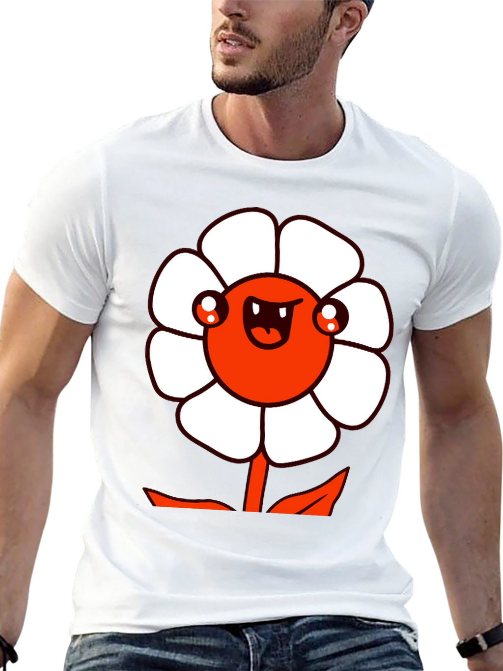 Mens Black Graphic Tee - Cartoon Flower Design