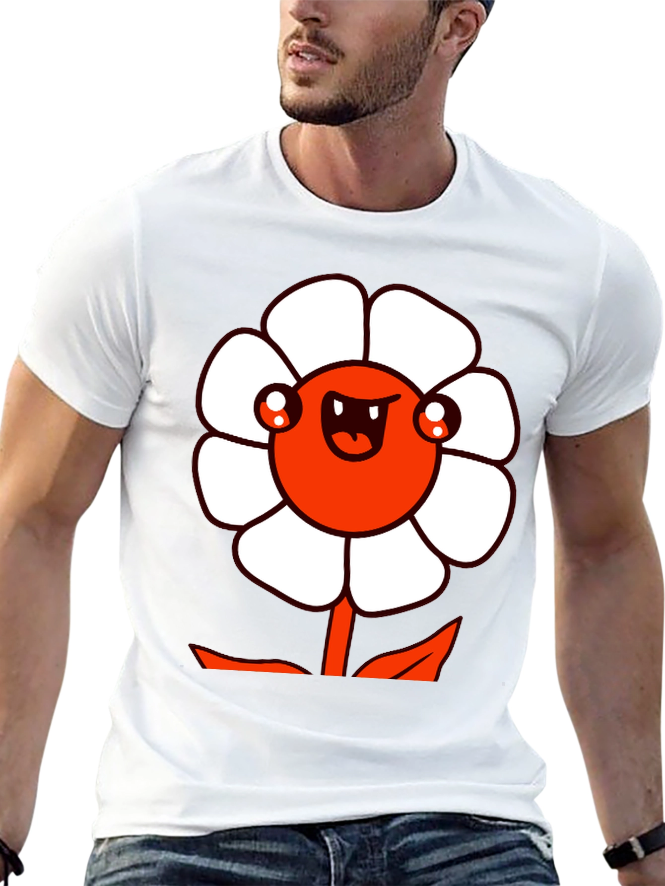 Mens Black Graphic Tee - Cartoon Flower Design