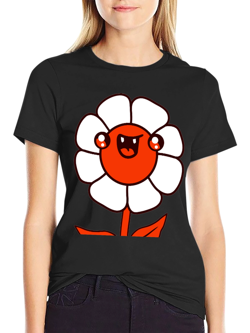 Mens Black Graphic Tee - Cartoon Flower Design