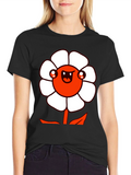 Mens Black Graphic Tee - Cartoon Flower Design