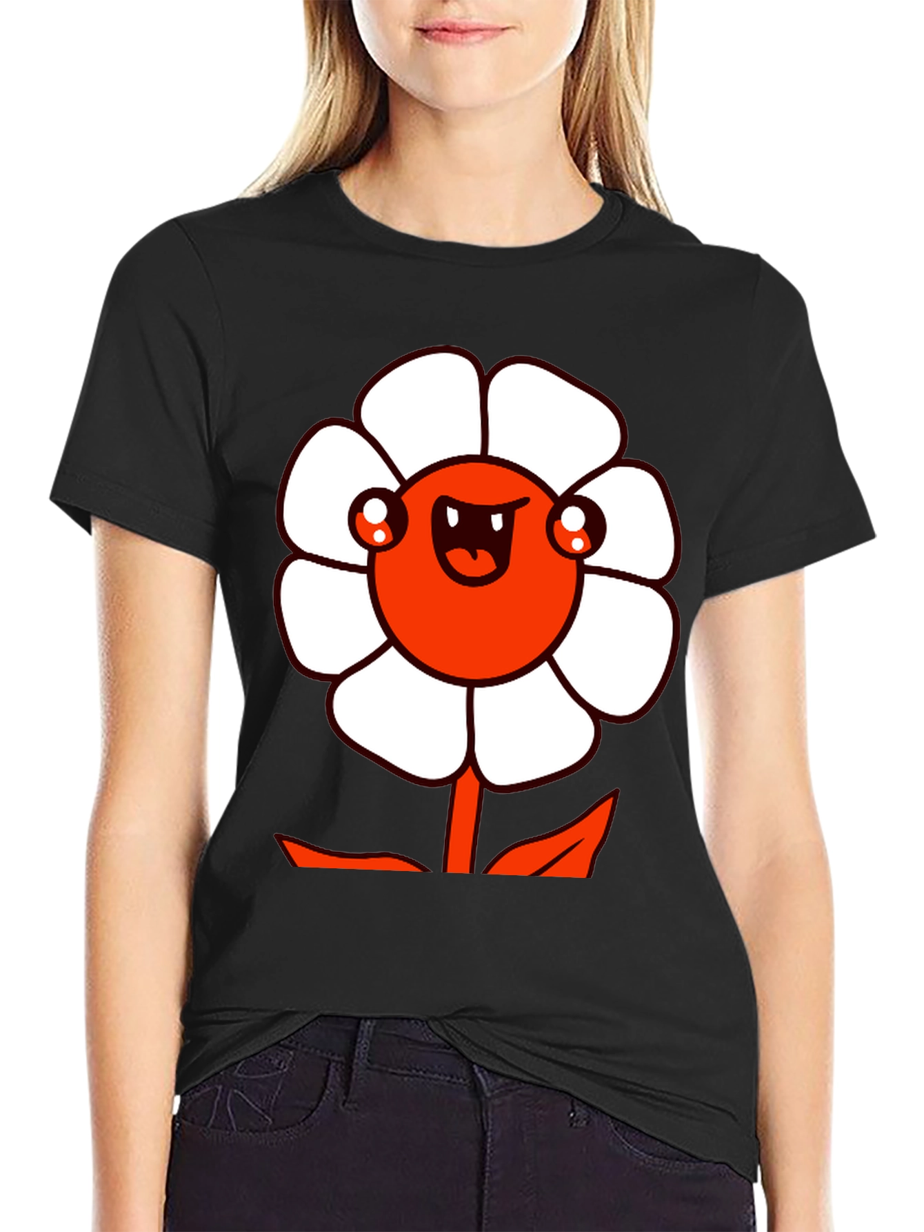 Mens Black Graphic Tee - Cartoon Flower Design