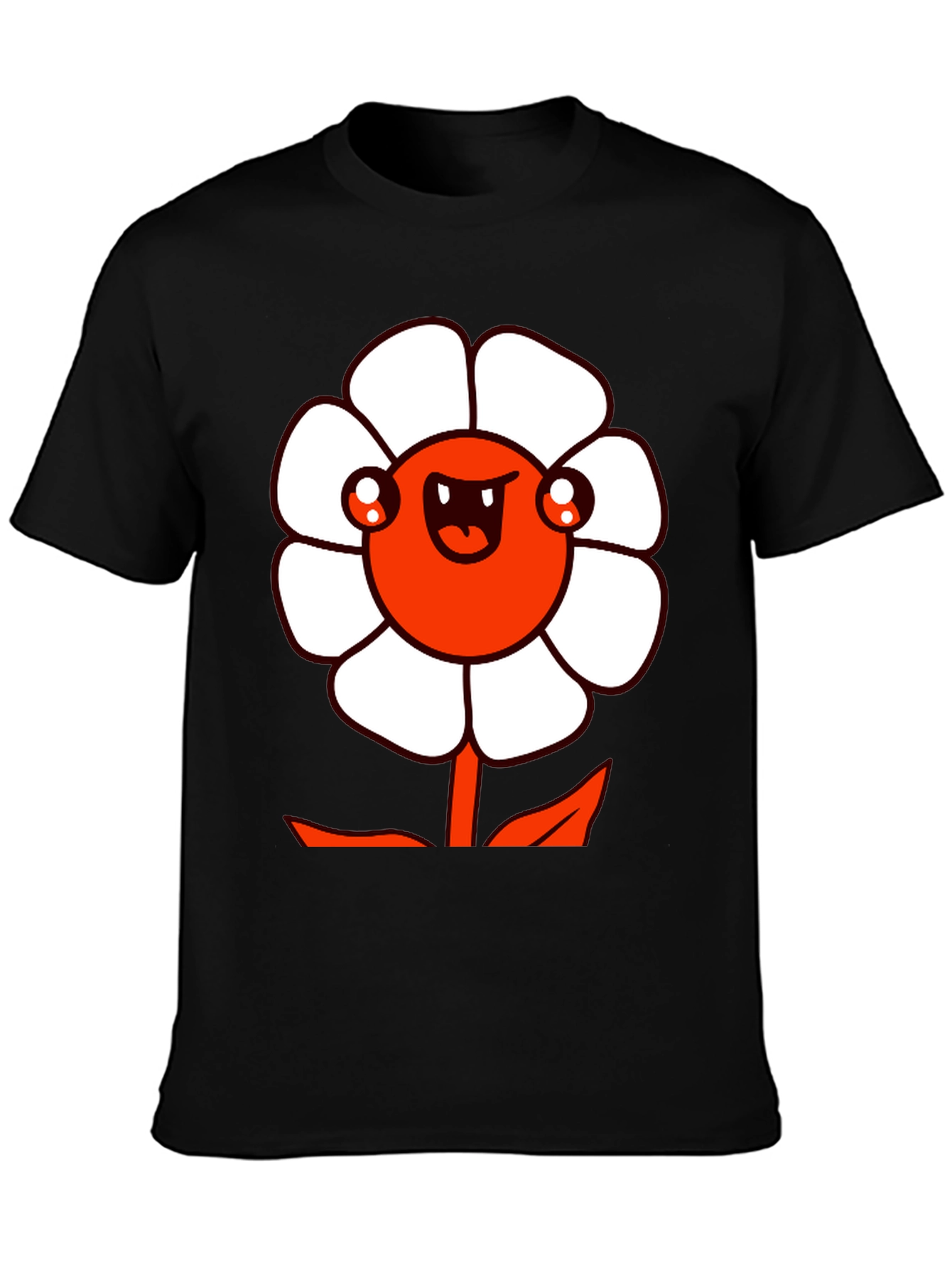 Mens Black Graphic Tee - Cartoon Flower Design